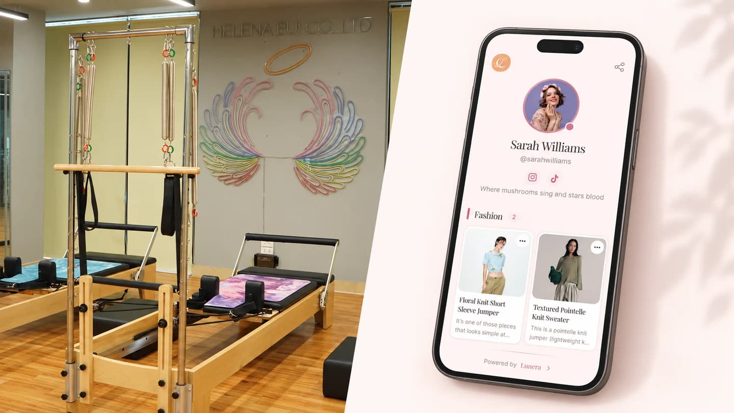Ilustrasi foto studio reformer Pilates dengan tampilan Lunera pada ponsel